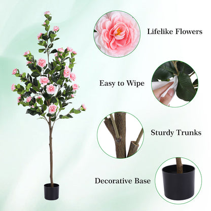 5.3FT Artificial Camellia Tree, Faux Plants Indoor, Easy Assembly, Low Maintenance, Suitable for Indoor Decor & Holiday Porch Ornament