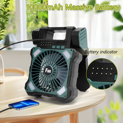 10000mAh Solar Camping Fan with Power Bank & Light, 5 Speeds USB Rechargeable Solar Powered Fan with Timer, 90° Foldable Portable Quiet Desk Fan for Hiking Power Outage Fishing Travel BBQ
