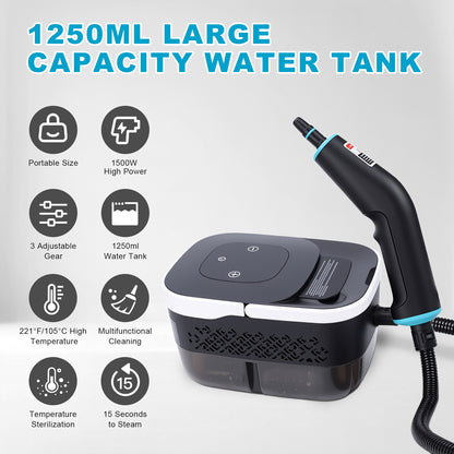 Steam Cleaner, 1500W 10s Fast Heat-Up,Steamer for Cleaning with 44oz Water Tank,14 Cleaning Attachments for Cleaning Stubborn Stains,Grease,Floors,Couches & Cars,Black