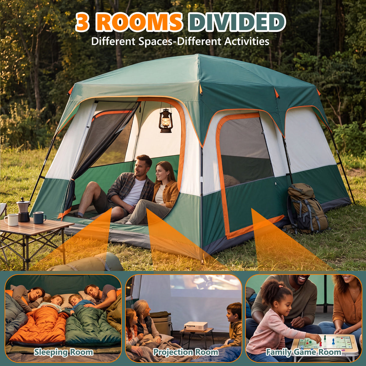 Family Camping Tent 8 Person Tent Waterproof Windproof with Divided Curtain for Separated 2 Rooms with Carry Bagfor Campng, Outdoor,Green