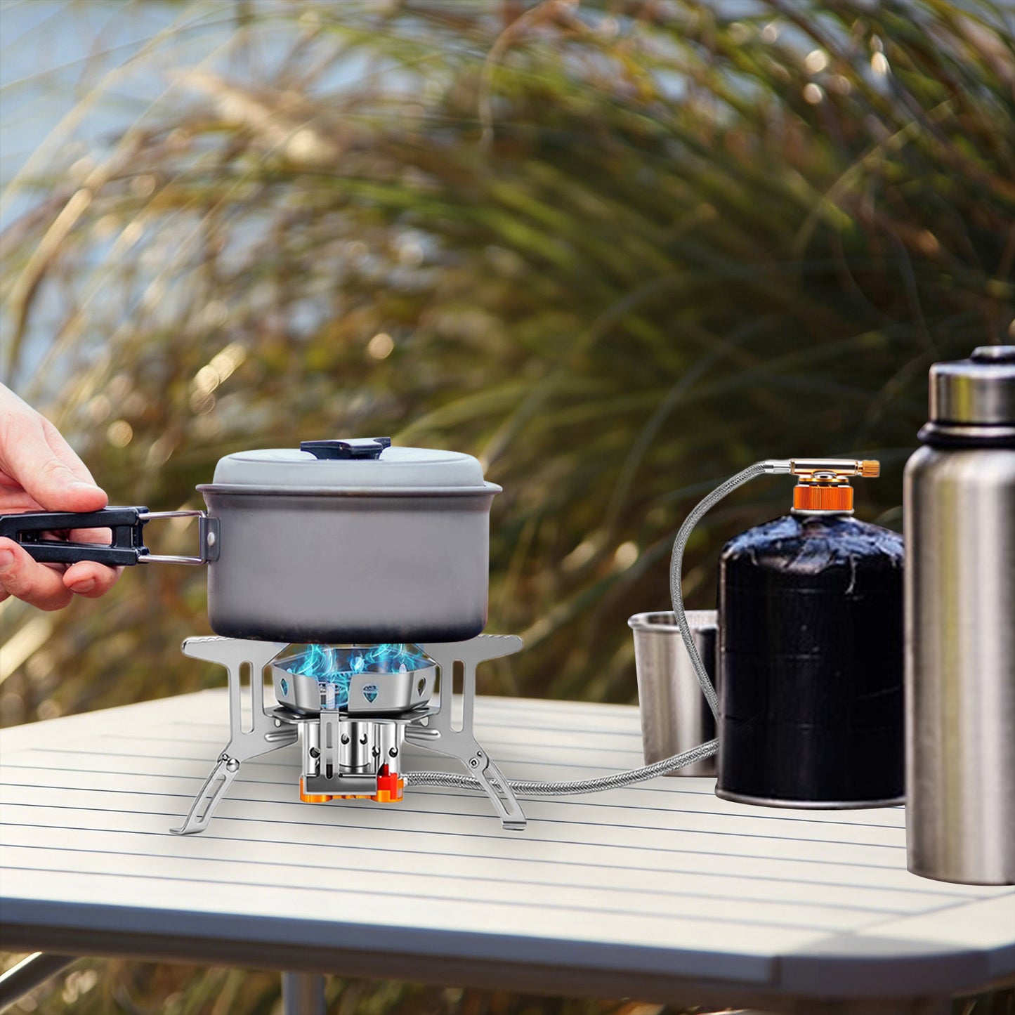 5800W Portable Foldable Camping Gas Stove with 3 Burner Cores, Stove Adapter & Carrying Box for Outdoor Backpacking Hiking Picnic