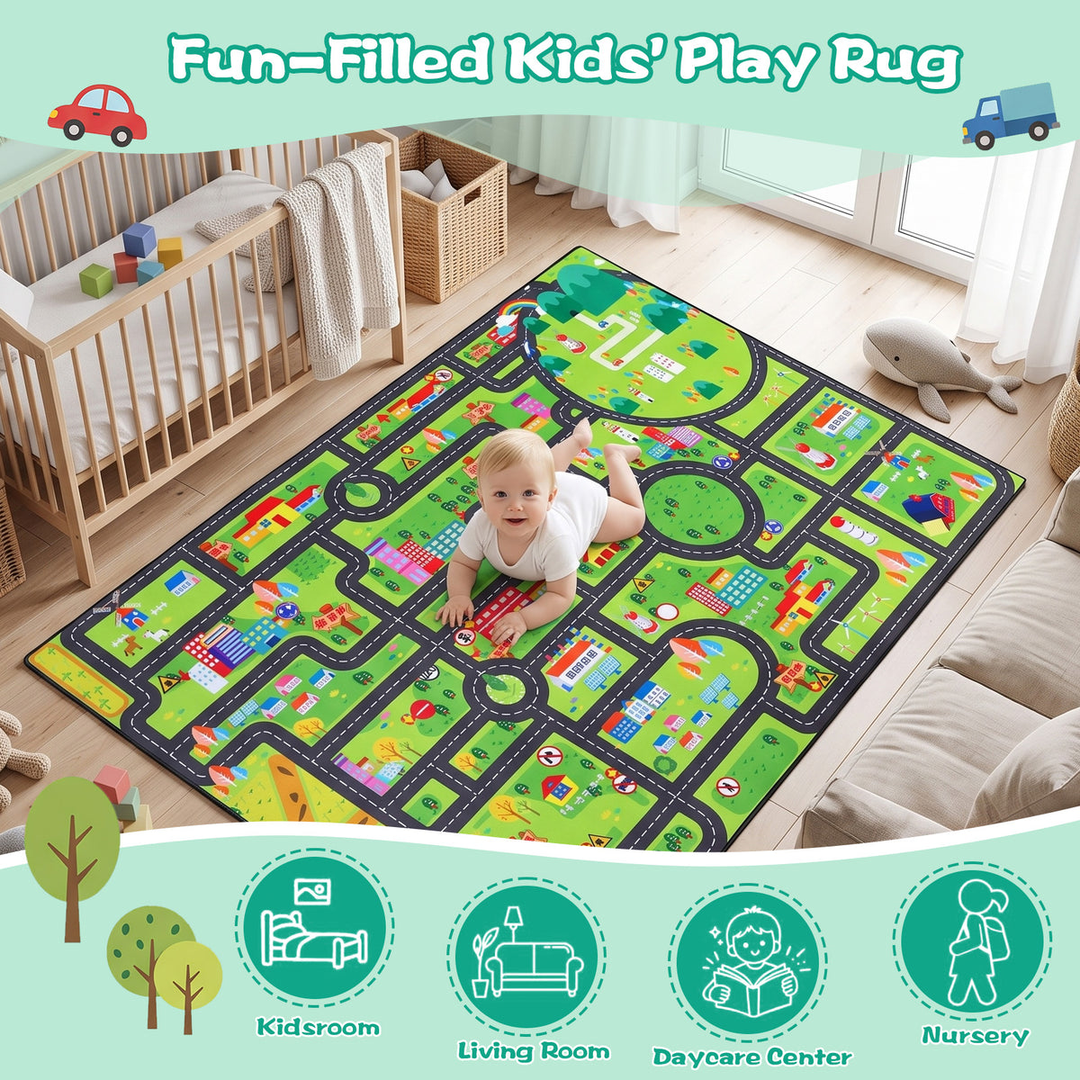 Kids Carpet Car Play Mat, (63X47INCH)City Life Traffic Road Kids Rug Playmat