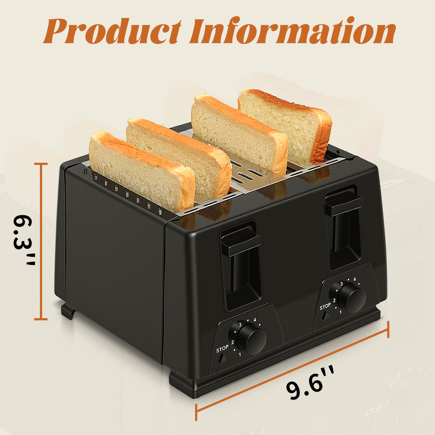 4 Slice Toaster - Stainless Steel Bagel Toaster with Dual Control Panels, 6 Shade Settings,Black