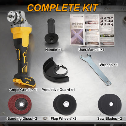 20V Cordless Angle Grinder Tool Brushless, 5 Inch, with Paddle, 2 x Flap Discs, 2 x Sanding Discs, 2 x Sawblades (Tool Only)