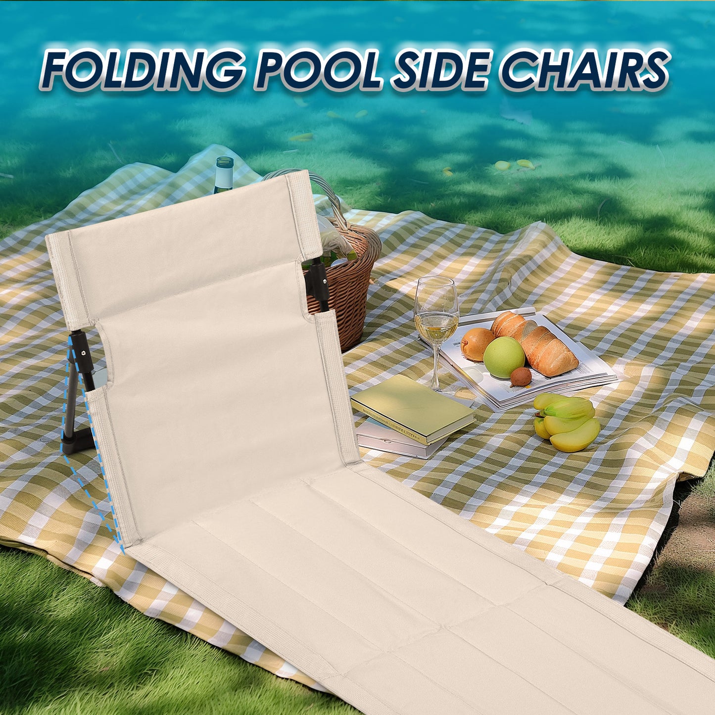 2 Pack Outdoor Folding Camping Chair with Backrest, Portable Floor Lounge Seat for Swimming Pool Beach Lawn Camping,Beige
