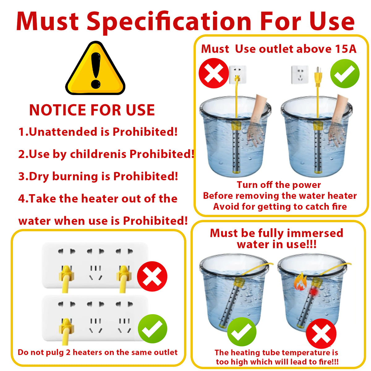 1500W Immersion Water Heater, Portable Bucket Heater with Switch & Auto Off Anti-scald Stainless Steel Protective Guard Indicator Light for Inflatable Pool Bathtub Indoor Outdoor
