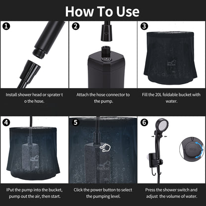 Portable Shower for Camping,6000mAh Rechargeable Camping Shower Pump with Intelligent LED Display, 4 Spray Modes, Foldable Bucket Shower Head for Hiking, Travel, Car, Pet