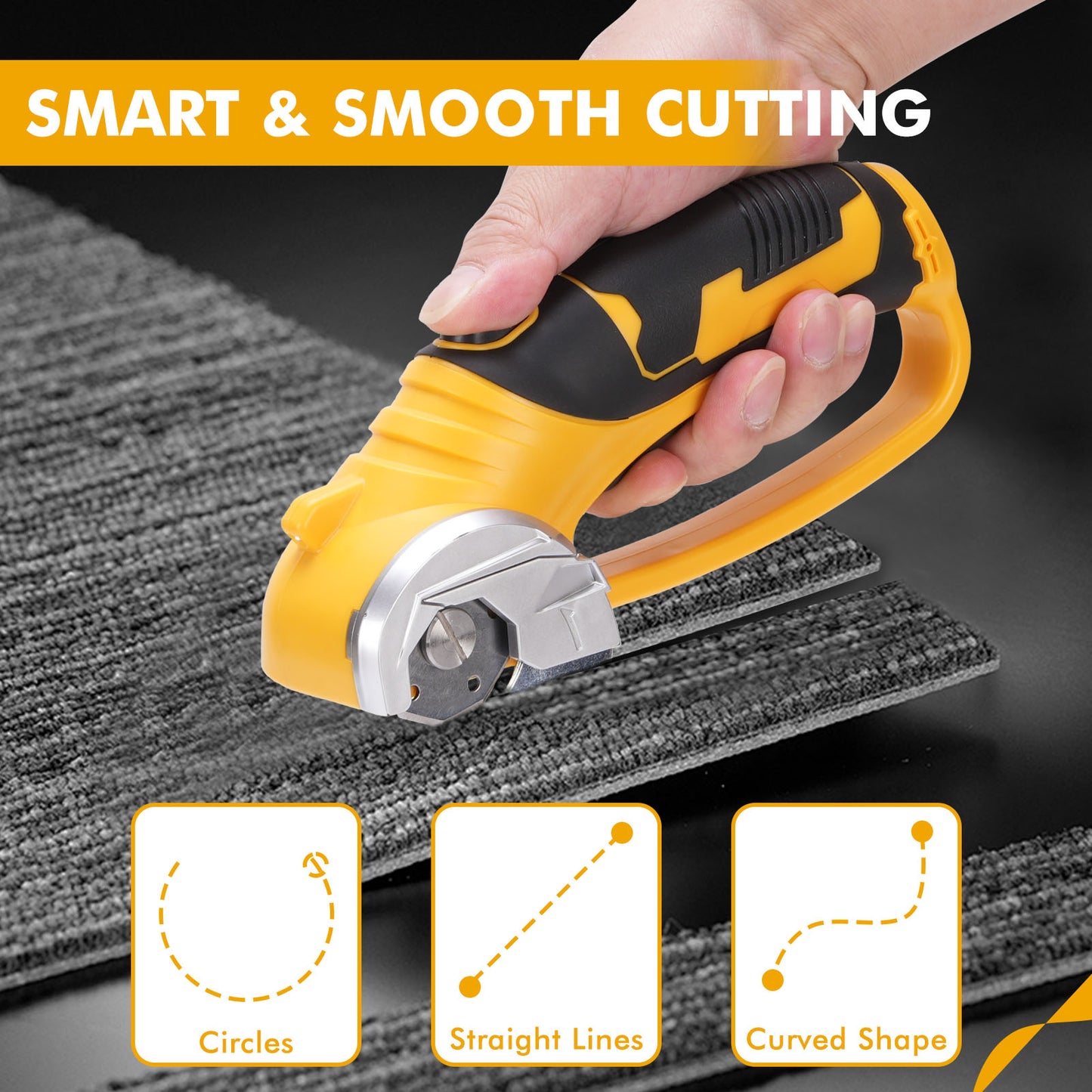 Cordless Electric Scissors,4V Rechargeable Cardboard Cutter Fabric Scissor W/Safe Lock & LED Light,Powerful Cutter for Leather Carpet Plastic Cutting,Sewing,Crafting,Yellow