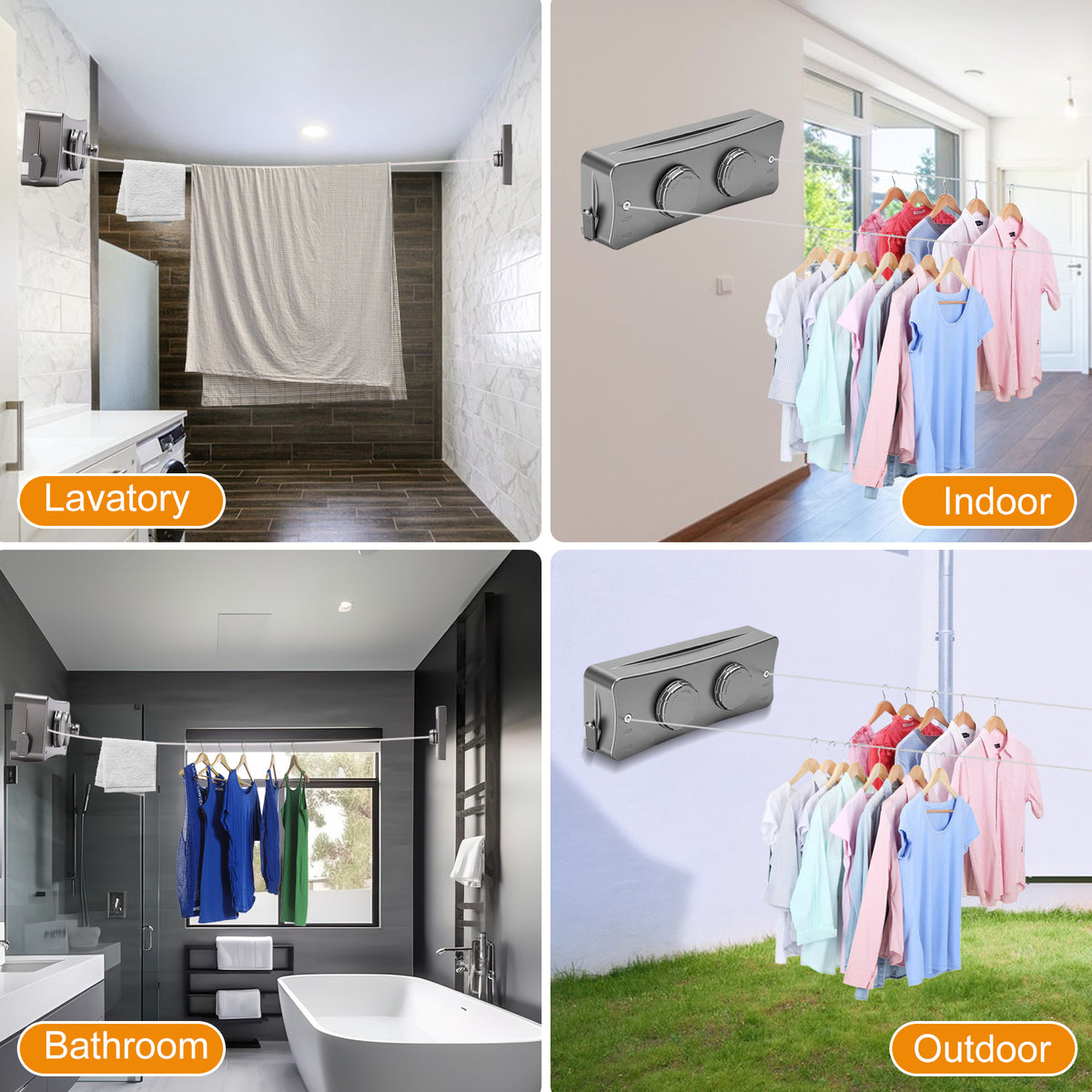 Retractable Clothesline Indoor, Non-Sagging Wall Mounted Drying Rack Clothesline, 16.7 Ft Stainless Steel Wire Double Clothes Lines, Hanging Clothes line for Balcony, Courtyards