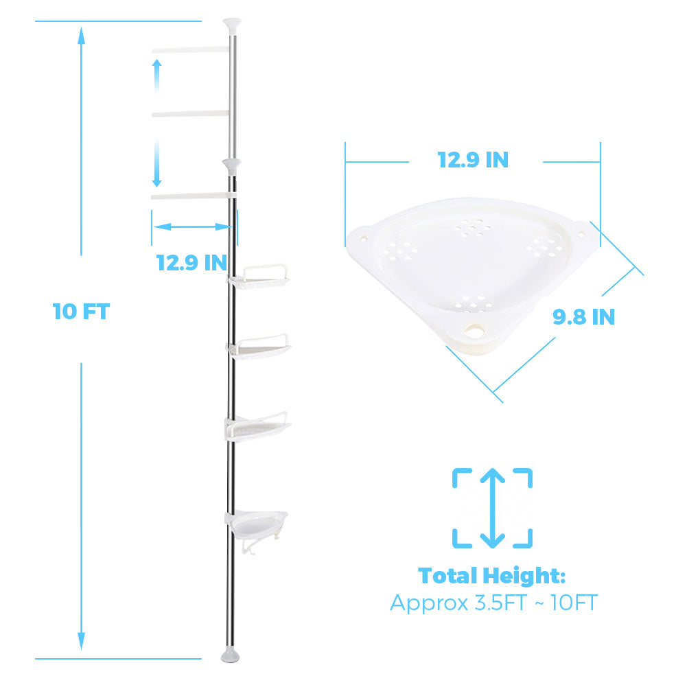 Corner Shower Caddy Tension Pole- 4-Tier Adjustable Metal Bathroom Shower Rrganizer- 3.5-10FT,White
