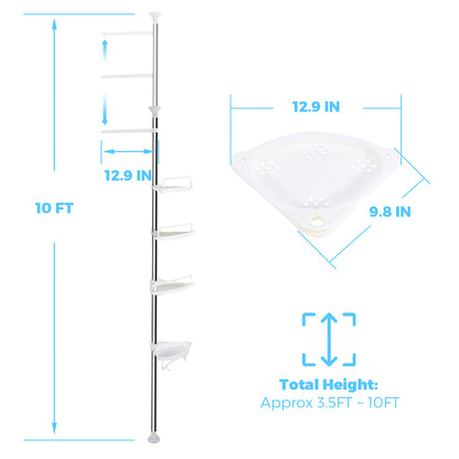 Corner Shower Caddy Tension Pole- 4-Tier Adjustable Metal Bathroom Shower Rrganizer- 3.5-10FT,White