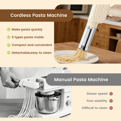 Electric Cordless Pasta Machine, Multifunction Handheld Attachment Homemade Noodle Maker,with 5 Molds and 3 Sausage Accessories,White