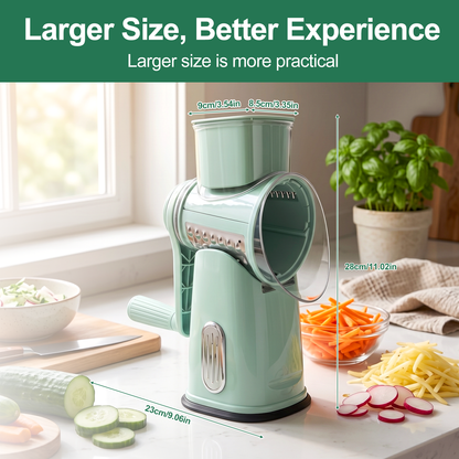 Handle Rotary Cheese Grater with Interchangeable 5 Blades, Suction Base, Mandoline Slicer & Veg Shredder with Blade Storage Box,Green