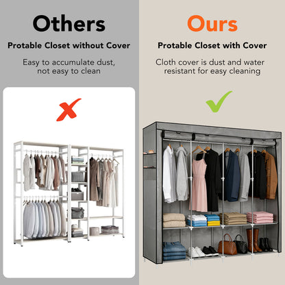 Portable Closet, 65" H Wardrobe Closet for Hanging Clothes 8 Storage Organizer Shelves with 4 Hanging Rods,Grey