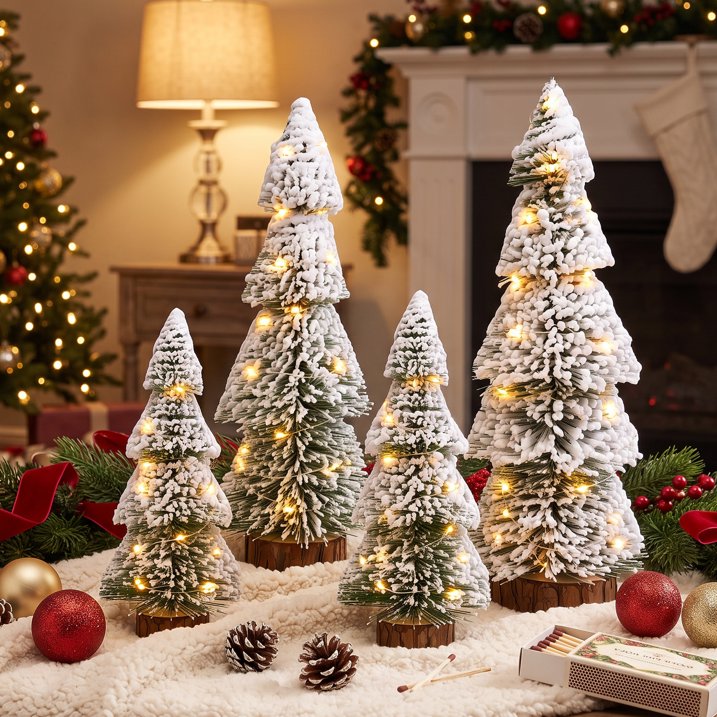 4Pcs Christmas Mini Trees with 9.8ft Light String,Artificial Snow Frost Christmas Trees in 4 Size Bottle Brush Xmas Tree w/ Wooden Base Xmas Pine Tree for Winter Holiday Party Home Table Crafts Decor
