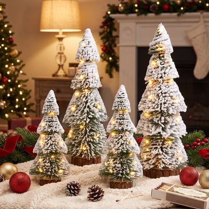 4Pcs Christmas Mini Trees with 9.8ft Light String,Artificial Snow Frost Christmas Trees in 4 Size Bottle Brush Xmas Tree w/ Wooden Base Xmas Pine Tree for Winter Holiday Party Home Table Crafts Decor