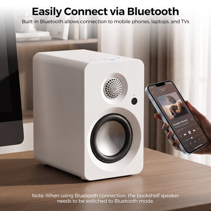 50W Powered Bookshelf Speakers, Bluetooth 5.3 Active Desktop Speakers with 3 inch Woofer, SUB OUT for External Subwoofer, ARC/Type C/AUX Inputs, Remote Control for TV PC Turntable, White