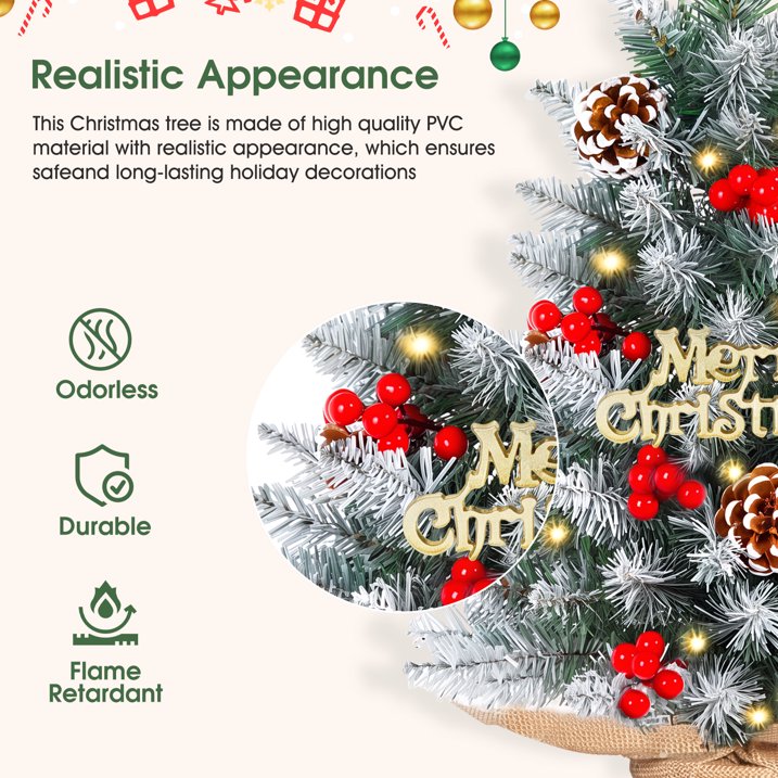 Mini Artificial Xmas Tree Set Small Tabletop Xmas Tree with Red Berries Pine Cones Lights Holiday Home Decoration