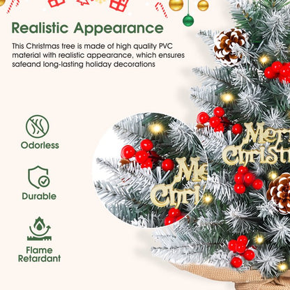 Mini Artificial Xmas Tree Set Small Tabletop Xmas Tree with Red Berries Pine Cones Lights Holiday Home Decoration