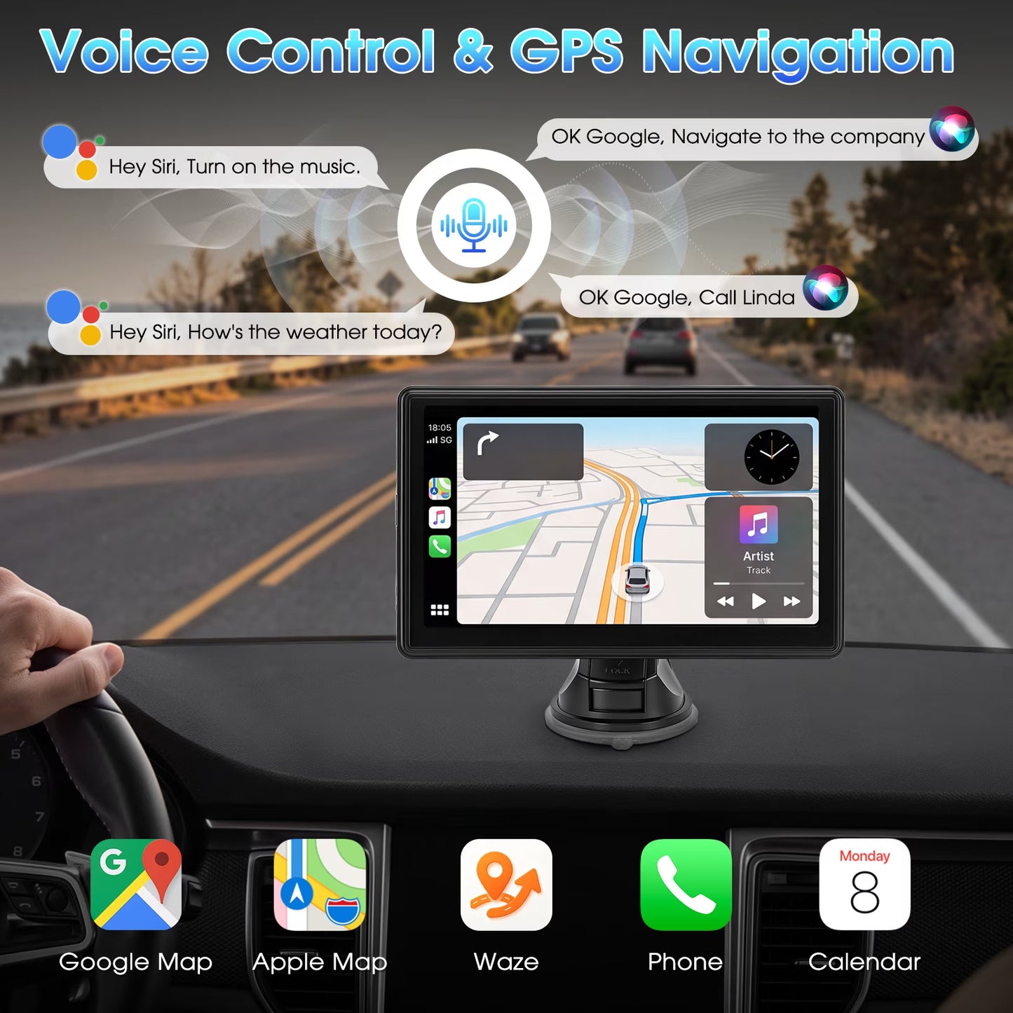 7" Wireless Carplay Screen for Car Portable Stereo Touchscreen with CarPlay and Android Auto with Mirror Link/Backup Camera/Bluetooth/Voice Control/GPS Navigation/AUX for All Vehicles