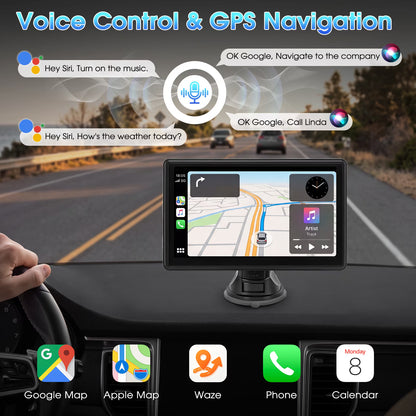 7" Wireless Carplay Screen for Car Portable Stereo Touchscreen with CarPlay and Android Auto with Mirror Link/Backup Camera/Bluetooth/Voice Control/GPS Navigation/AUX for All Vehicles