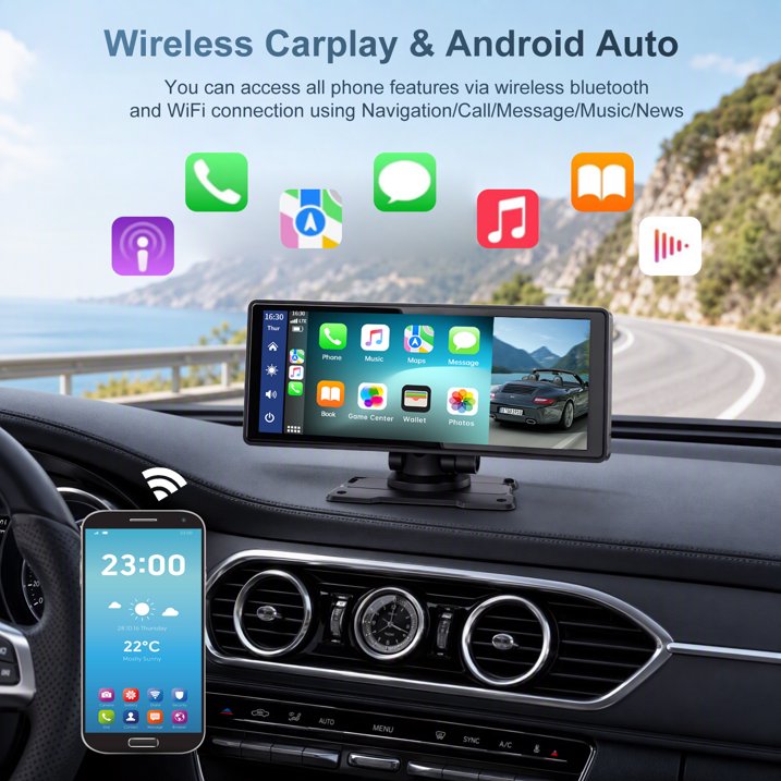 10.26" Wireless Carplay Screen for Car 4K Dash Cam Carplay & Android Auto, Includes 32GB SD Card, 1080p Backup Camera, Map Navigation/Mirror Link/Voice Control/Bluetooth/Music Player, Plug & Play