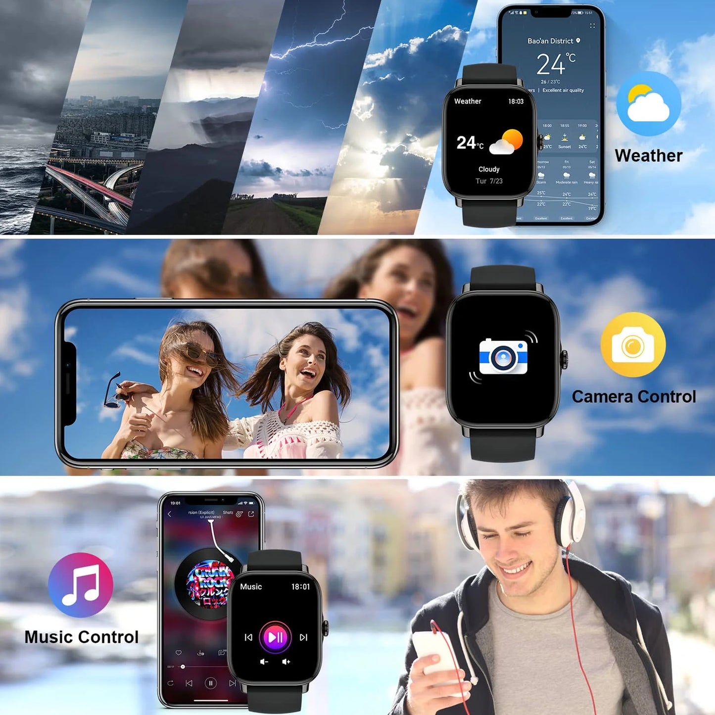 Smartwatch for Men Women, 1.85" HD Screen Smart Watch with Bluetooth Answer/Make Calls Fits for Android and iOS, 100+ Sport Modes/Message Reminder, IP68 Waterproof Fitness Tracker for Gift, Black
