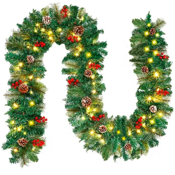 9FT Christmas Garland, Pre-lit Artificial Garland Decorations Greenery with Flowers, Berries Cones Balls Ornament, Warm White 50 LED Lights, Indoor/Outdoor, Flocked with Mixed Decor