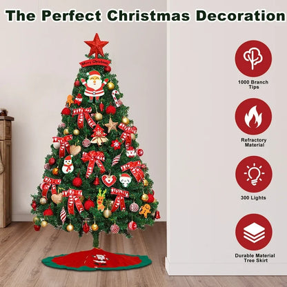 6FT Artificial Christmas Tree with LED Lights and Ornaments Set Package, Lifelike Spruce Holiday Xmas Decorative Tree Set for Indoor Outdoor Home Office Party with Foldable Metal Base