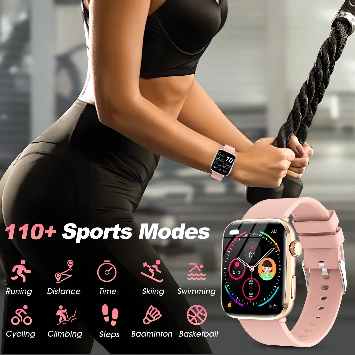 Smartwatch for Men Women, 1.85" HD Screen Smart Watch with Bluetooth Answer/Make Calls Fits for Android and iOS, 100+ Sport Modes/Message Reminder, IP68 Waterproof Fitness Tracker for Gift, Pink