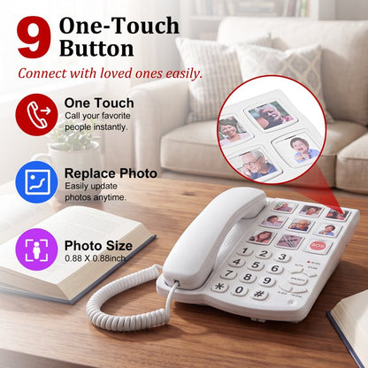 Big Button Phone for Seniors, Corded Landline Telephone w/ Handsfree Function and 9 Groups of Memory, One-Touch Dialling, 110dB Ringer, LED Flash, Suitable People with Vision Disorders/Hearing Damage
