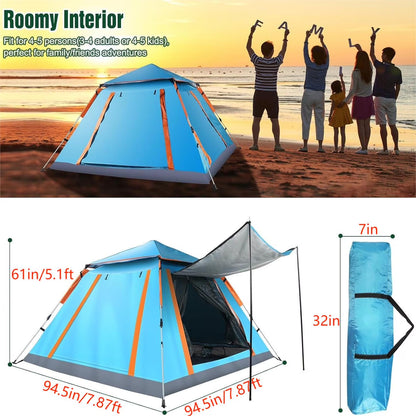 Pop up Canopy Large Instant Camping Tent, Blue 4-5 Person Family Tents for Camping with 4 Doors,7.87'x7.87'x5.1' Anti-UV Waterproof Easy Setup Camping Tent for Outdoor Beach Picnic Hiking Backpacking,Blue