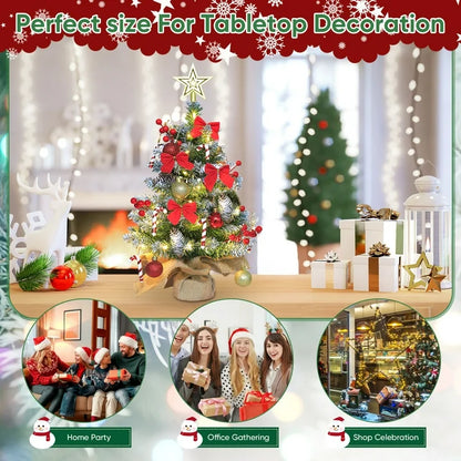 24 inch Tabletop Christmas Tree with LED String Lights Mini Christmas Tree with Frosted Branch Tips DIY Ornaments, 2ft Xmas Small Cedar Tree with Pine Cones/Christmas Balls for Table Indoor Home, Red