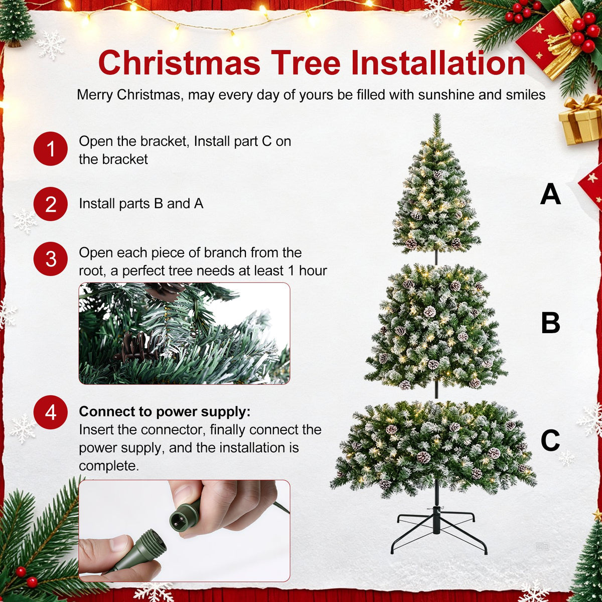 7ft Artificial Xmas Tree Realistic Fire Proof PVC Snow Flocked Xmas Tree with Pinecones String Lights Dense Branches for Home Holiday Decor