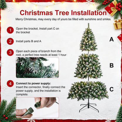 7ft Artificial Xmas Tree Realistic Fire Proof PVC Snow Flocked Xmas Tree with Pinecones String Lights Dense Branches for Home Holiday Decor