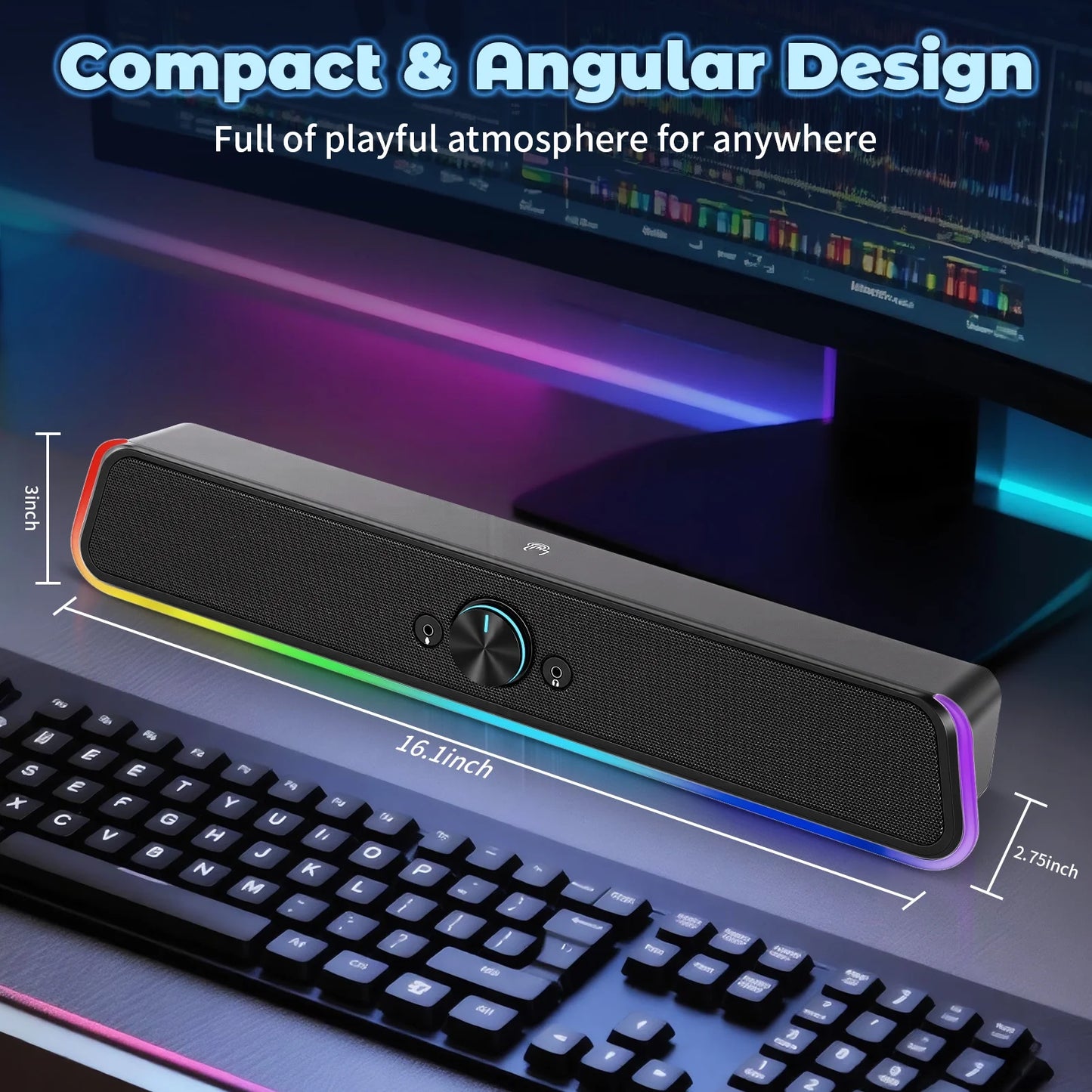 Computer Speakers with Clear Sound, USB Plug & Play PC HiFi Speakers Sound Bar with Dynamic LED Light, 3.5mm Cable Stereo Sound Gaming Speaker for PC Desktop Monitor Laptop, One-knob Control