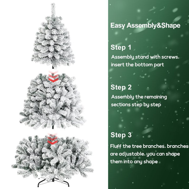7FT Artificial Snow Flocked Christmas Tree, Unlit Artificial Christmas Pine Tree with 800 Branch Snow Tips and Metal Stand, Holiday Xmas Pine Tree for Indoor Outdoor Home Office Party Decoration