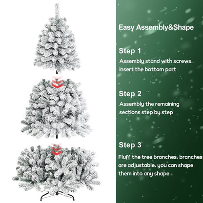 7FT Artificial Snow Flocked Christmas Tree, Unlit Artificial Christmas Pine Tree with 800 Branch Snow Tips and Metal Stand, Holiday Xmas Pine Tree for Indoor Outdoor Home Office Party Decoration