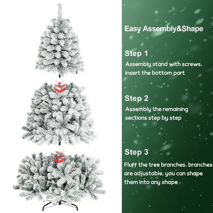 6FT Snow Flocked Christmas Tree, Unlit Artificial Holiday Christmas Pine Tree with 600 Branch Snow Tips and Foldable Metal Base, Xmas Tree w/ Dense Branches for Indoor Outdoor Home Office Party Decor