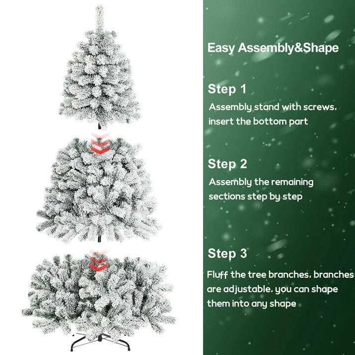 7FT Artificial Snow Flocked Christmas Tree, Unlit Artificial Christmas Pine Tree with 800 Branch Snow Tips and Metal Stand, Holiday Xmas Pine Tree for Indoor Outdoor Home Office Party Decoration