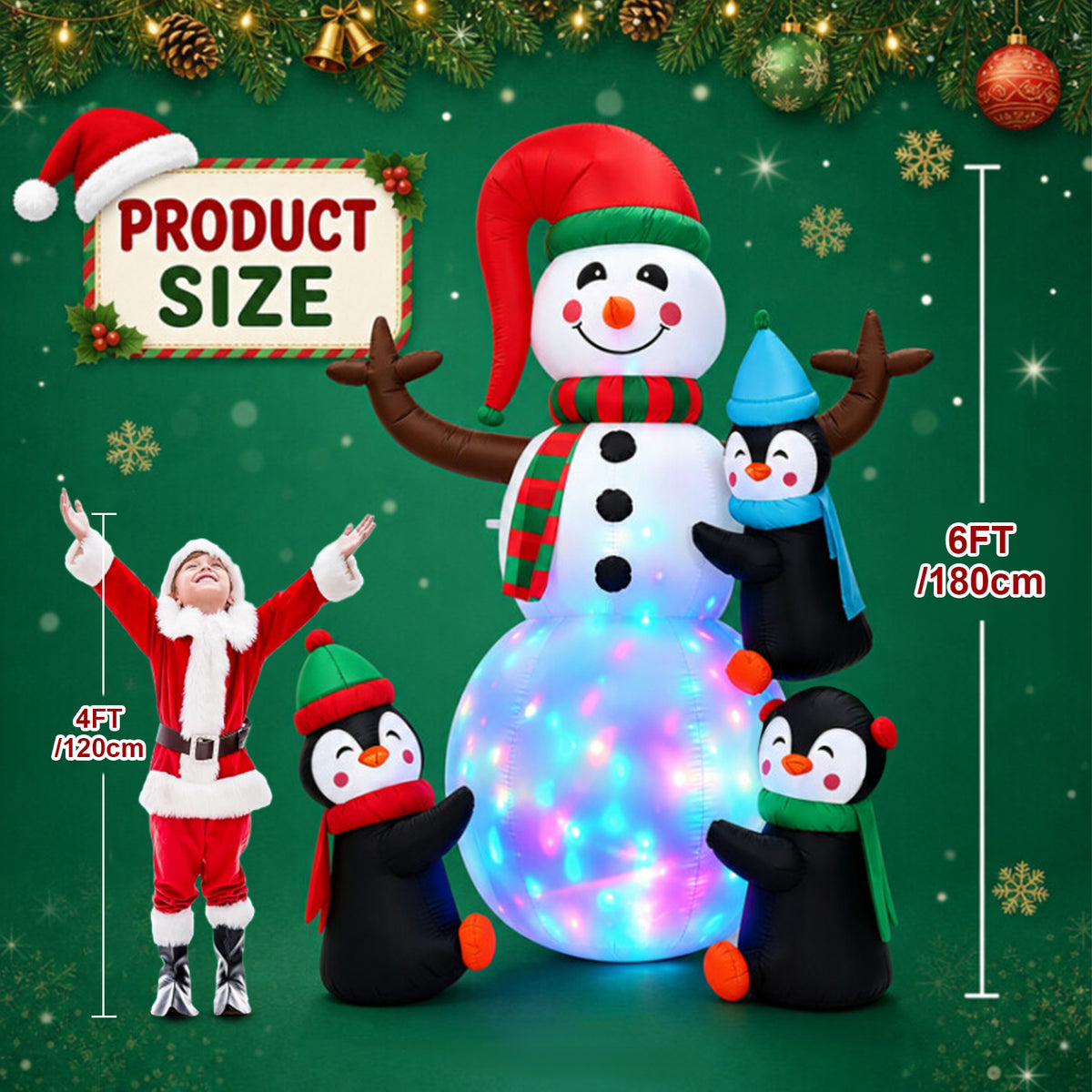 6FT Christmas Inflatable Outdoor Decoration, Snowman with Penguin, Blow Up Yard Decor with Built-in LED Light for Lawn, Garden, Party