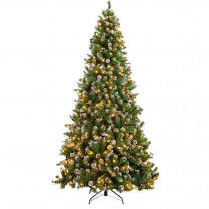7ft Artificial Xmas Tree Realistic Fire Proof PVC Snow Flocked Xmas Tree with Pinecones String Lights Dense Branches for Home Holiday Decor
