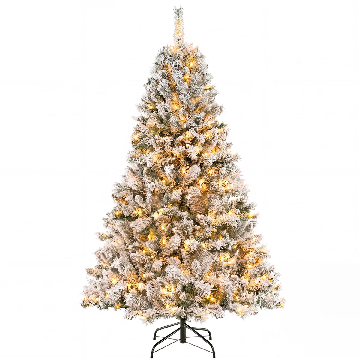 7ft Artificial Xmas Tree Realistic Reusable Snow Flocked Xmas Pine Tree with Dense Branches Metal Base for Holiday Decor 350 Lights