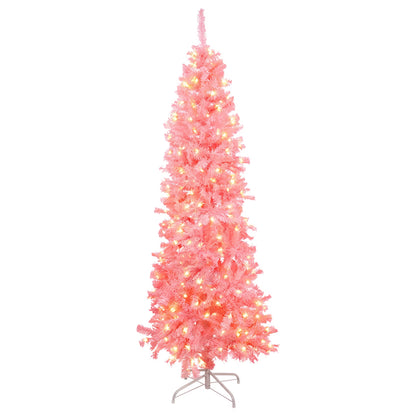 7ft Flocked Pink Pencil Christmas Tree, Pre-Lit Slim Artificial Holiday Decoration, Lighted Skinny w/Base, Warm White Lights