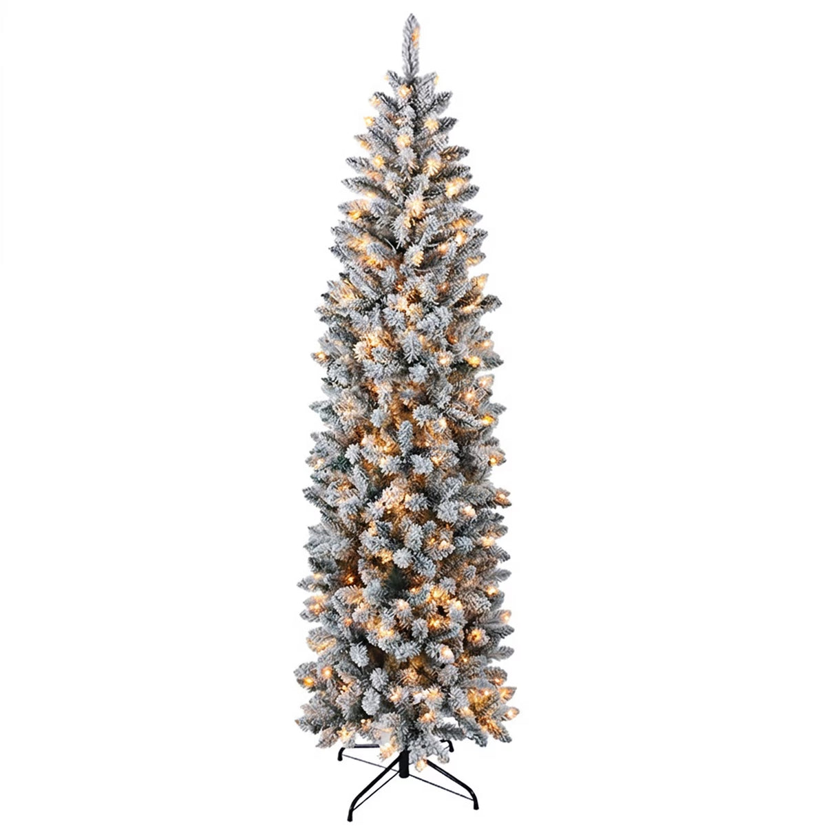 7ft Prelit Snow Flocked Artificial Hinged Slim Pencil Christmas Tree with Warm White Lights, Flocked Pencil Spruce Tree for Christmas Holiday