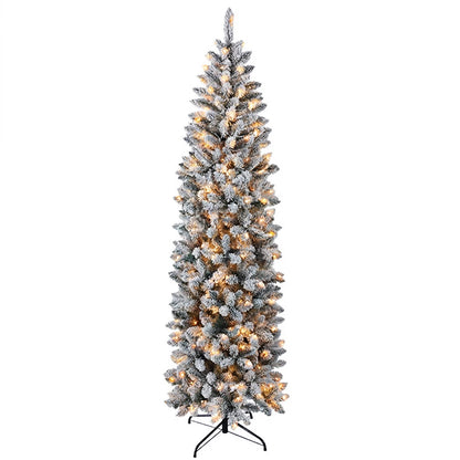 7ft Prelit Snow Flocked Artificial Hinged Slim Pencil Christmas Tree with Warm White Lights, Flocked Pencil Spruce Tree for Christmas Holiday