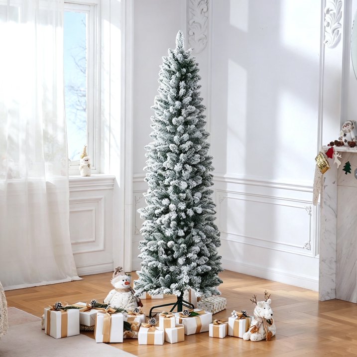 6ft Pencil Christmas Tree, Artificial Slim White Christmas Tree with 436 PVC Needles & Folding Metal Stand, Unlit Xmas Tree for Home Office Shops Hotels Decoration