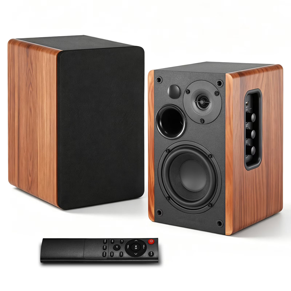 80W Powered Bookshelf Speakers, Bluetooth 5.3 HiFi Wireless Speaker with 4 inch Woofer, AUX/USB/Optical Inputs, Remote Control, Bass & Treble Adjust, Wooden Enclosure for PC TV Gaming Turntable
