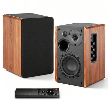 80W Powered Bookshelf Speakers, Bluetooth 5.3 HiFi Wireless Speaker with 4 inch Woofer, AUX/USB/Optical Inputs, Remote Control, Bass & Treble Adjust, Wooden Enclosure for PC TV Gaming Turntable