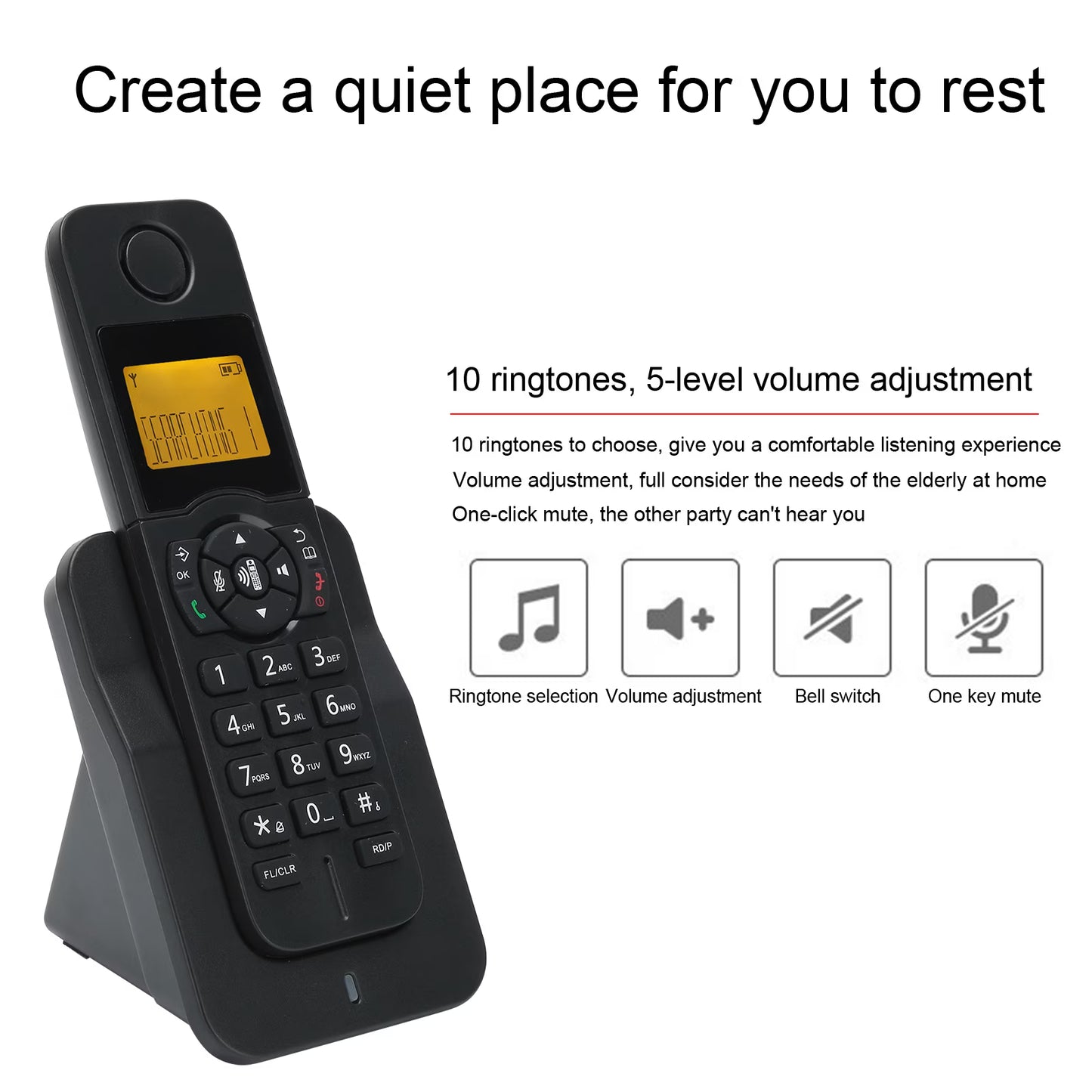 Cordless Phone with Caller ID, HandsFree Call Home Phone with Big Buttons, Speakerphone, LED Display Telephone for Home, Office, Hotel (Black)